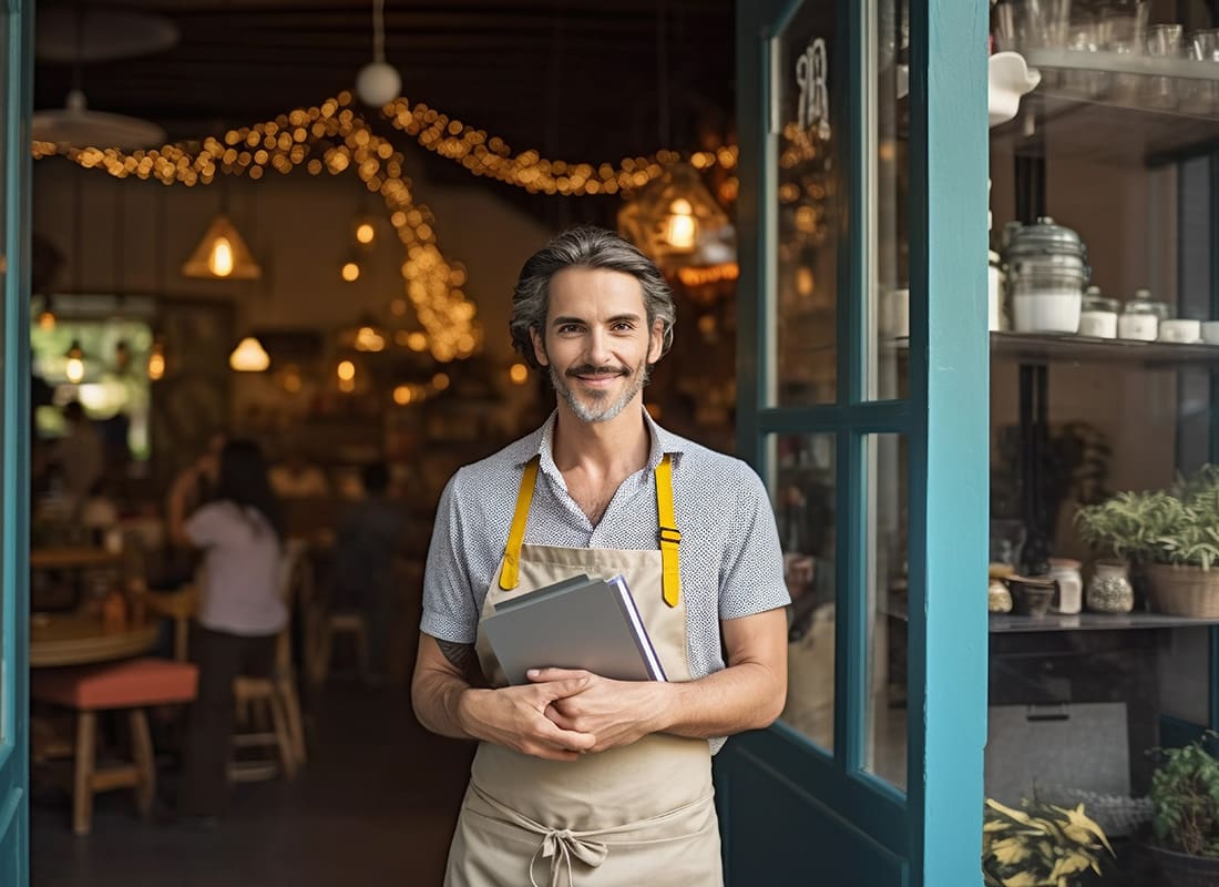 We Are Independent - Portrait of a Smiling Middle Aged Business Owner Standing in the Front Door of his Restaurant While Holding a Tablet in his Hands